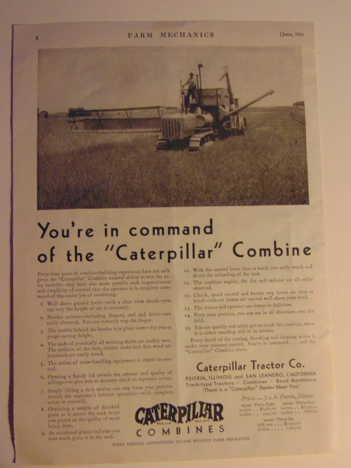 1930 Caterpillar Tractor Co. Combine vintage print ad