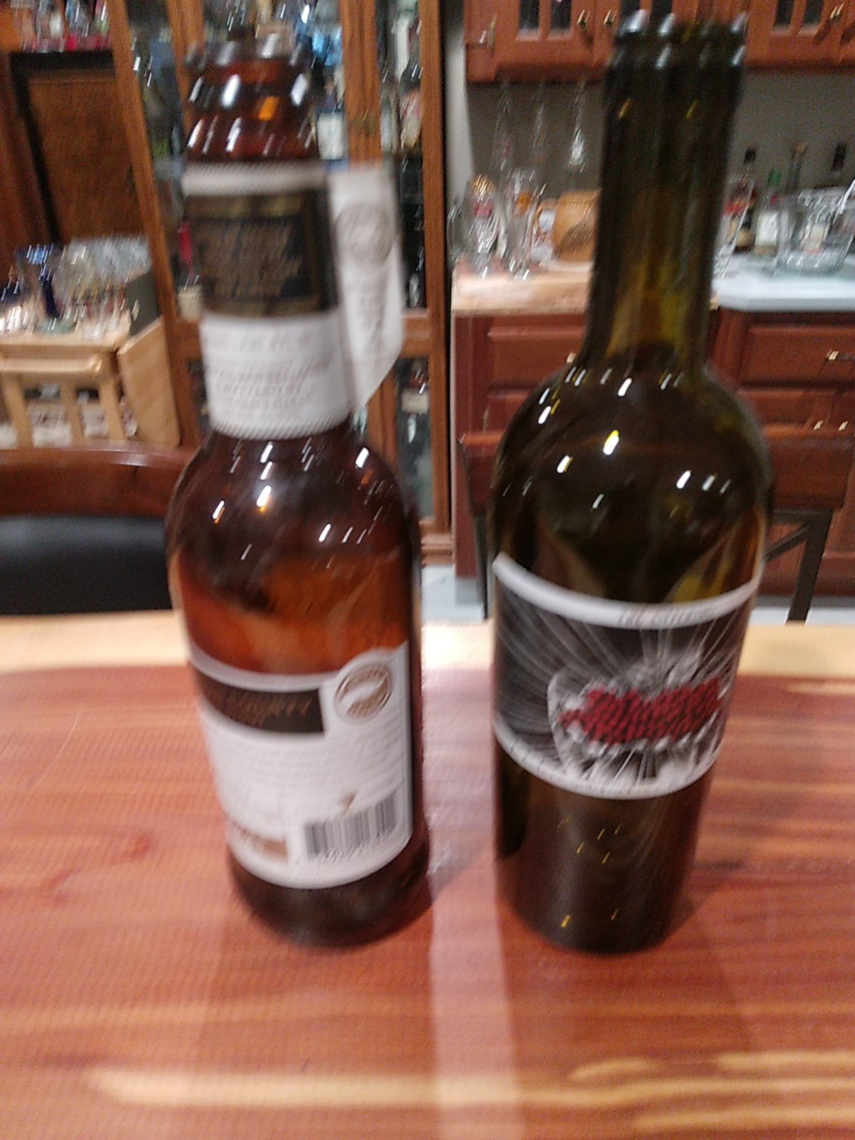 Lot of 2 Amber Colored Empty Beverage Bottles. Goose Island/Blue Apron Wine READ
