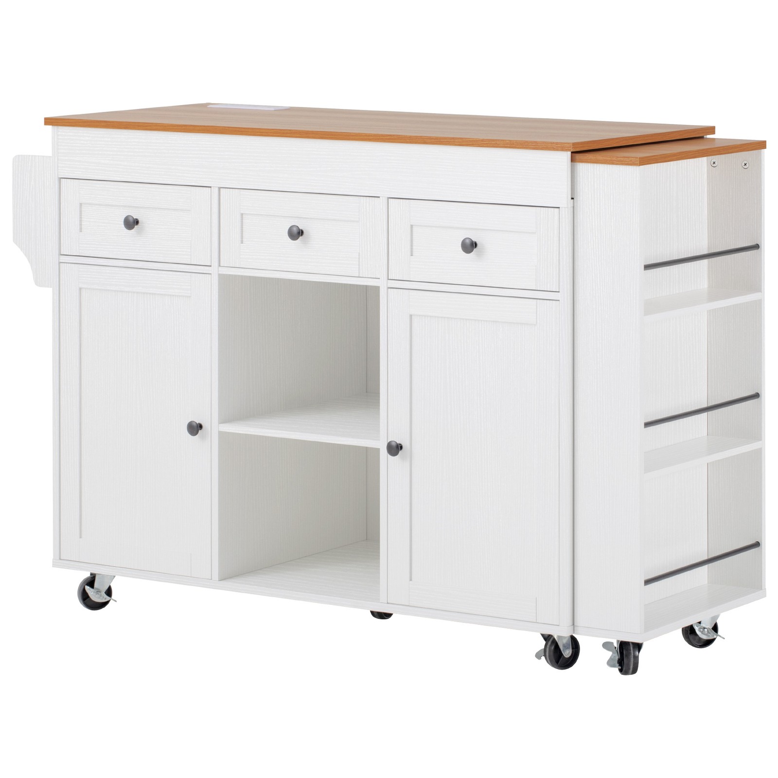 White Kitchen Island with Extendable Dining Table, 3 Drawers, 2 Doors, 85.5"
