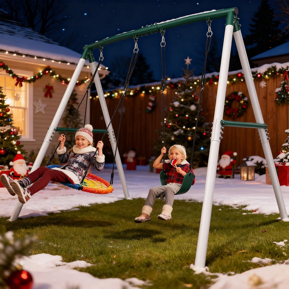 500lbs Heavy Duty 7.5ft Tall Metal Swing Set Kids Backyard Playset with 2 Swings