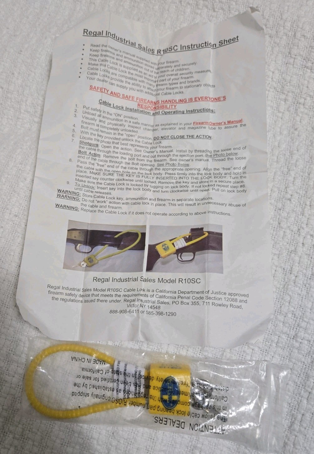 Regal Model R10SC Cable Gun Lock, NEW! 2 keys