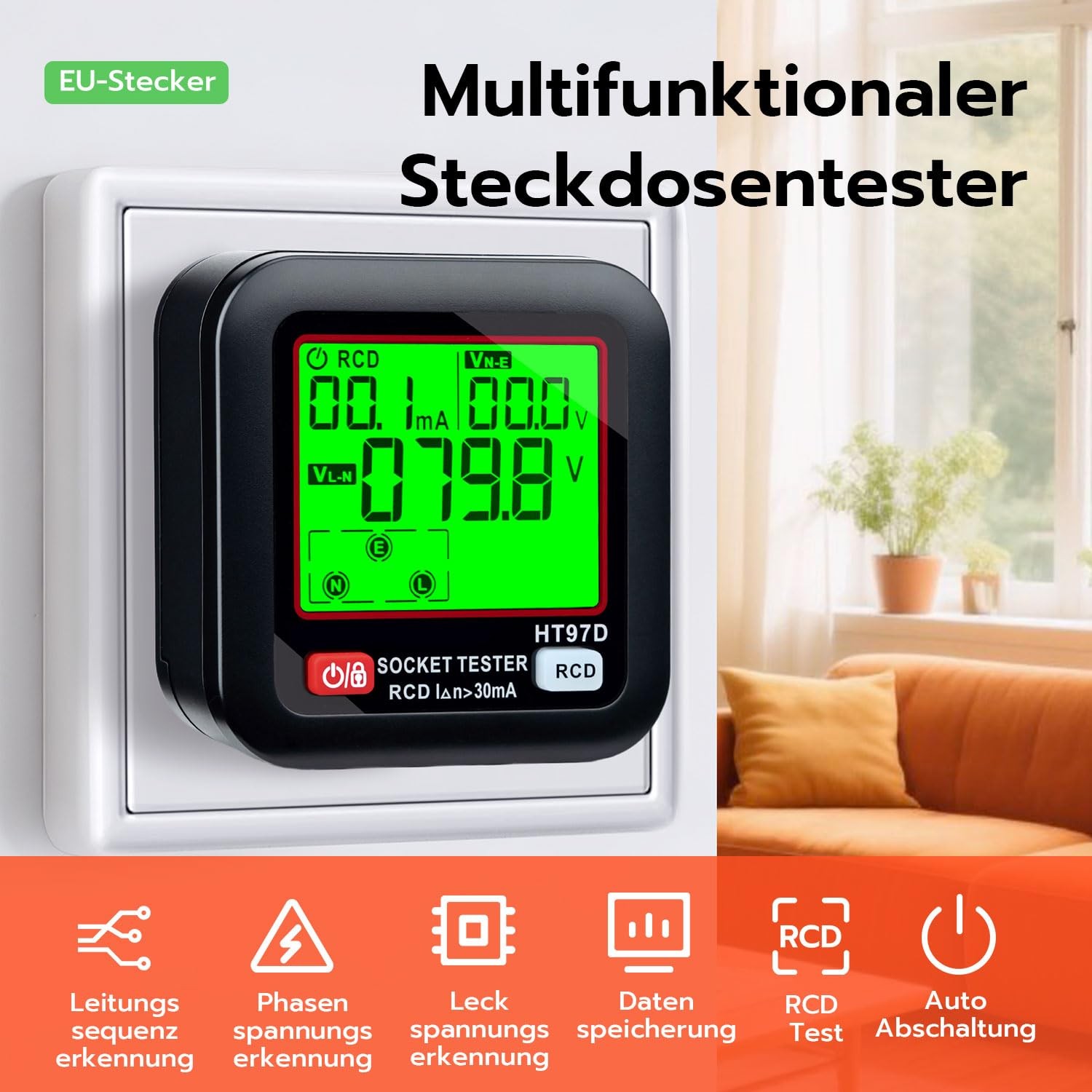 Socket Tester, Socket Tester with RCD Test and LCD Voltage Display, 6 Ar...