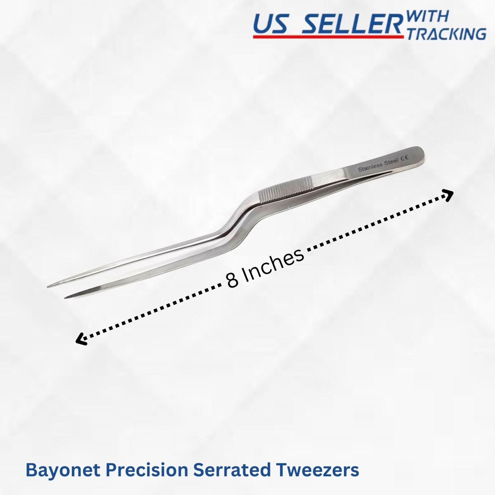 8" Precision Offset Lab Tweezers/Forceps Stainless Steel Serrated Fine Point Tip