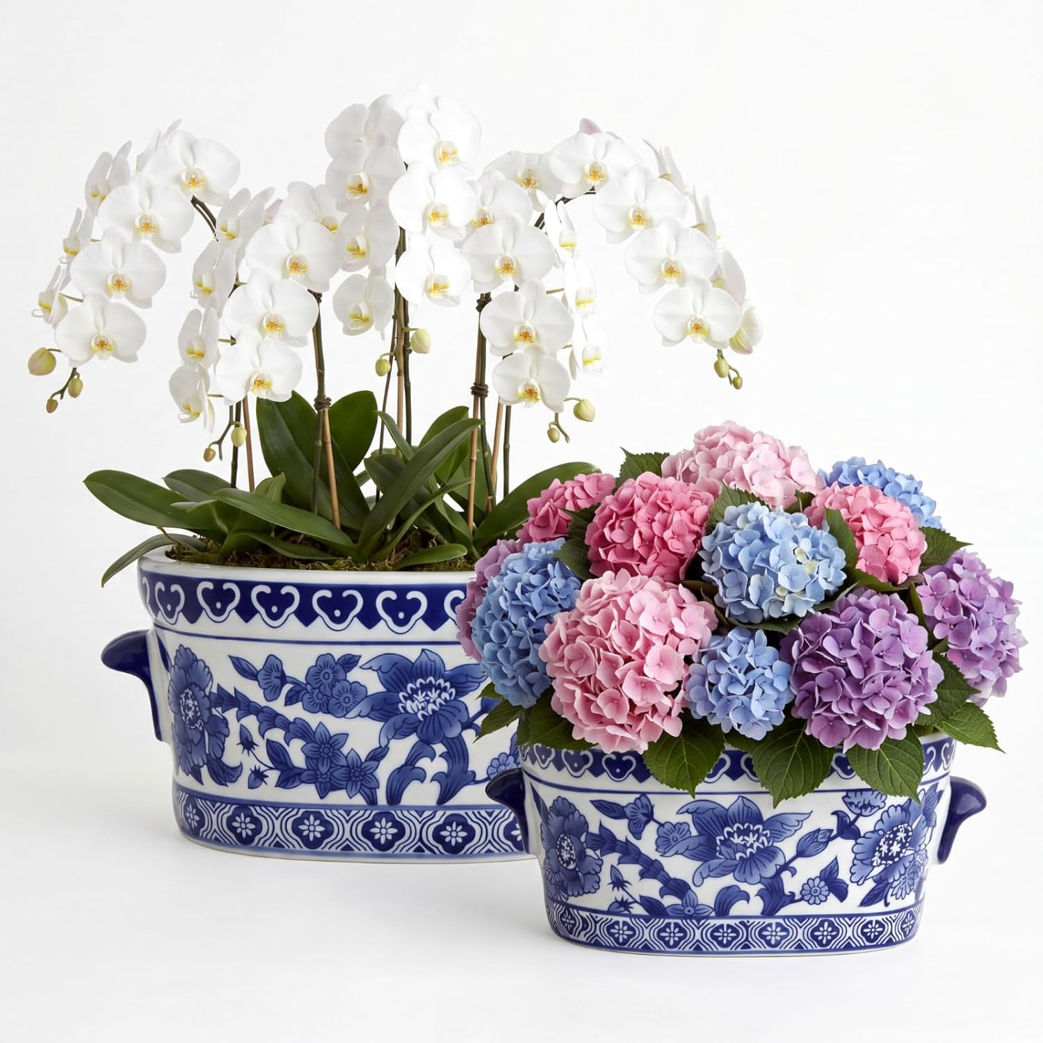 Vintage Blue & White Ceramic Planter Set - Chinoiserie Oval Cachepots