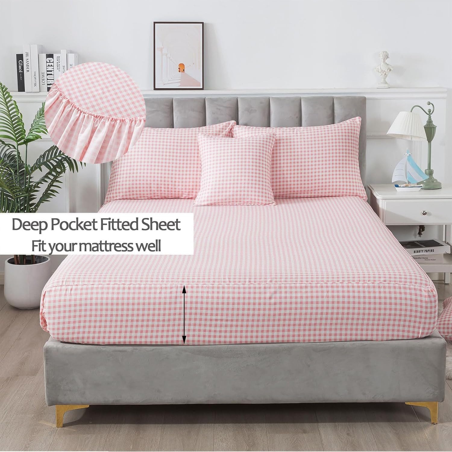 Ultra Soft Pink Plaid King Size Cotton Sheets with 2 Pillowcases - 4Pcs Set