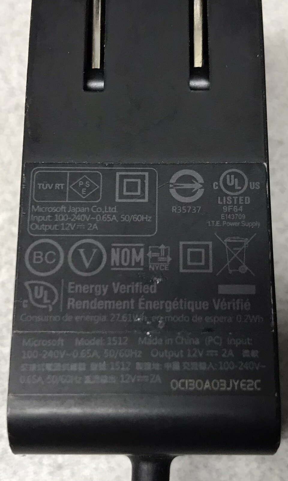 TUV RT 1512 2A 12V ADAPTER CHARGER OE MICROSOFT SURFACE 2 WINDOWS