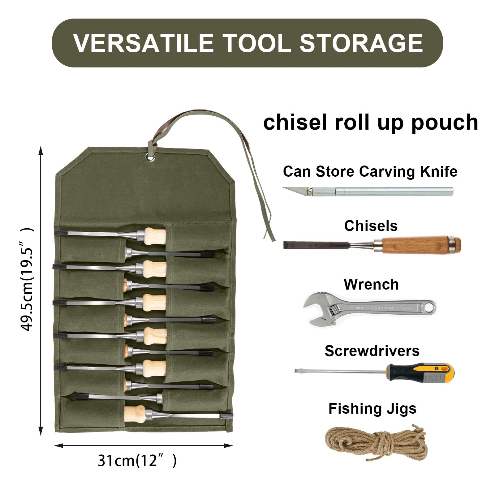Chisel Roll,12 Pockets Roll Up Tool Pouch,Waxed Canvas Small Tool Roll Organi...