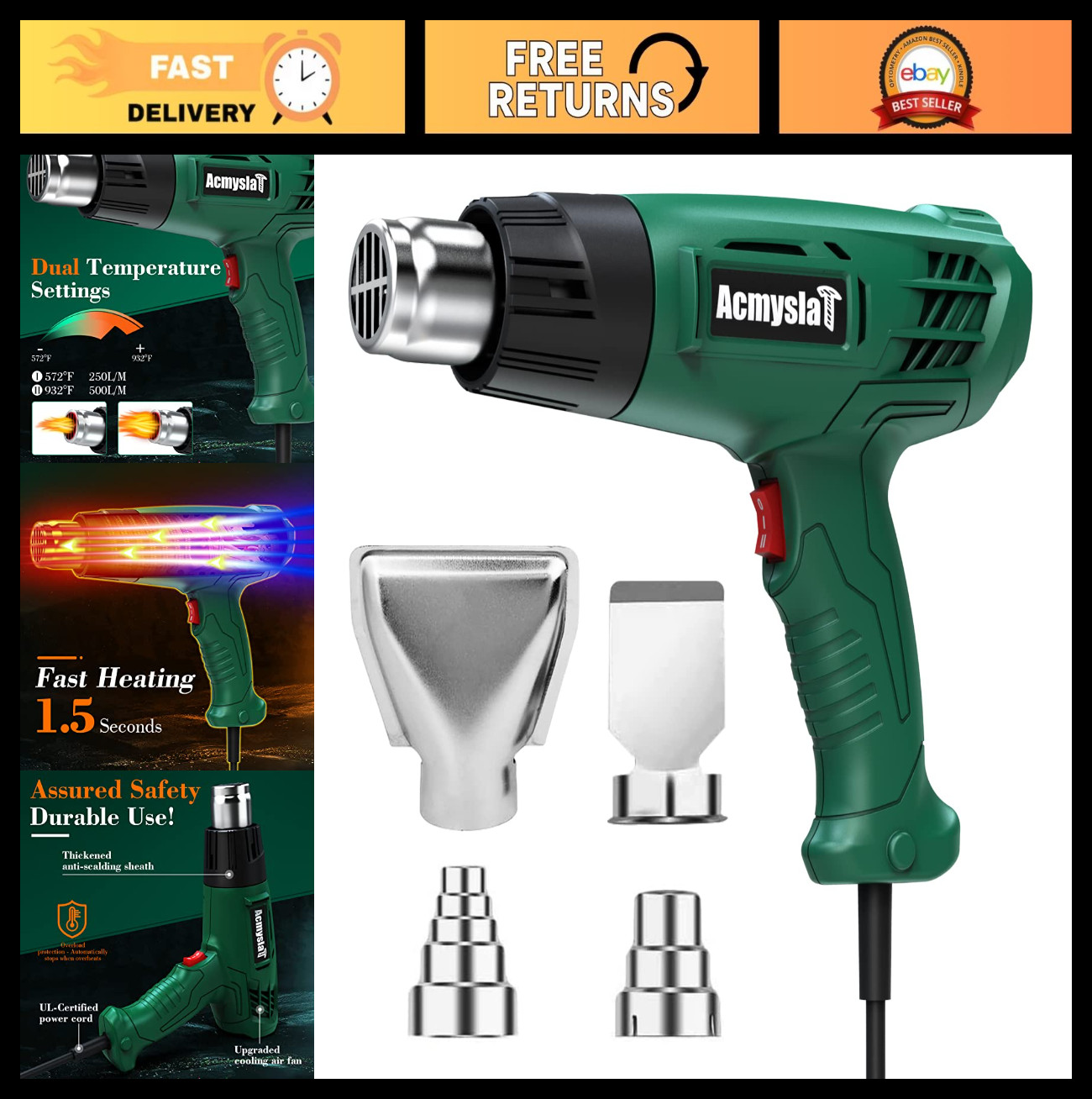 Heavy Duty Heat Gun Kit - Dual Temp 572℉-932℉, 4 Nozzles, Overload Protection, C
