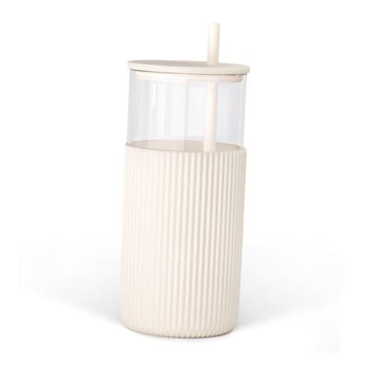 Glass Tumbler with Straw and Lid, Glass Water Bottle with Silicone Cream