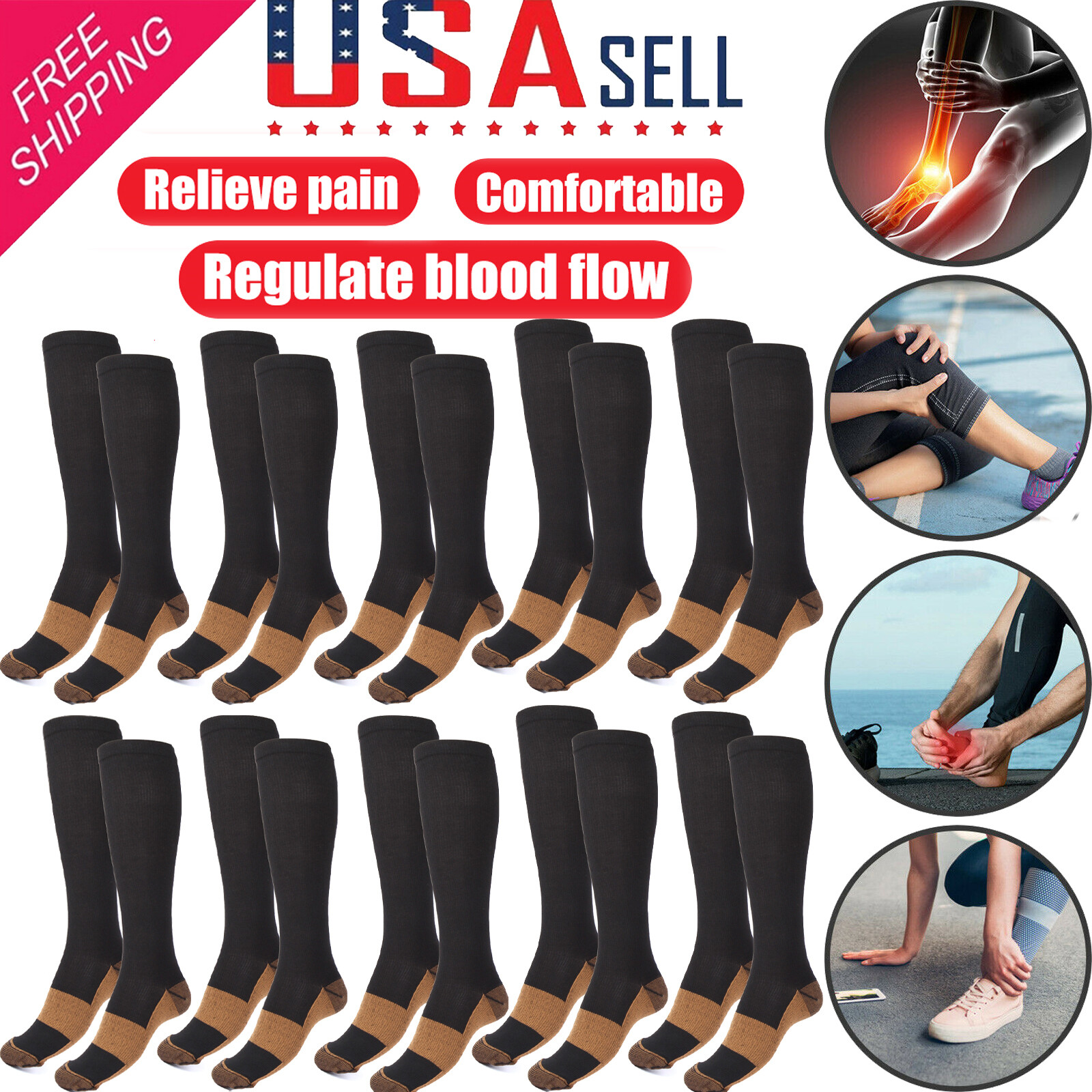 Copper Compression Socks 20-30mmHg Graduated Support Men Women S-XXL Wholesale