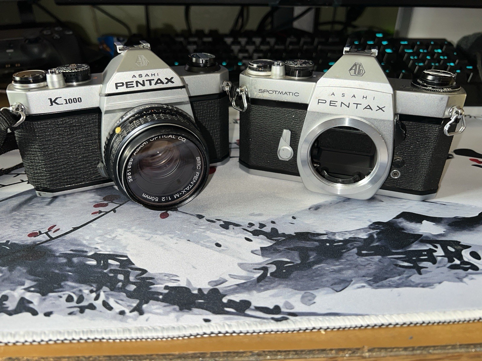 ASAHI PENTAX K1000 35mm SLR Film Camera w/ 1:2 50mm M Lens And ASAHI SPOTMATIC 2