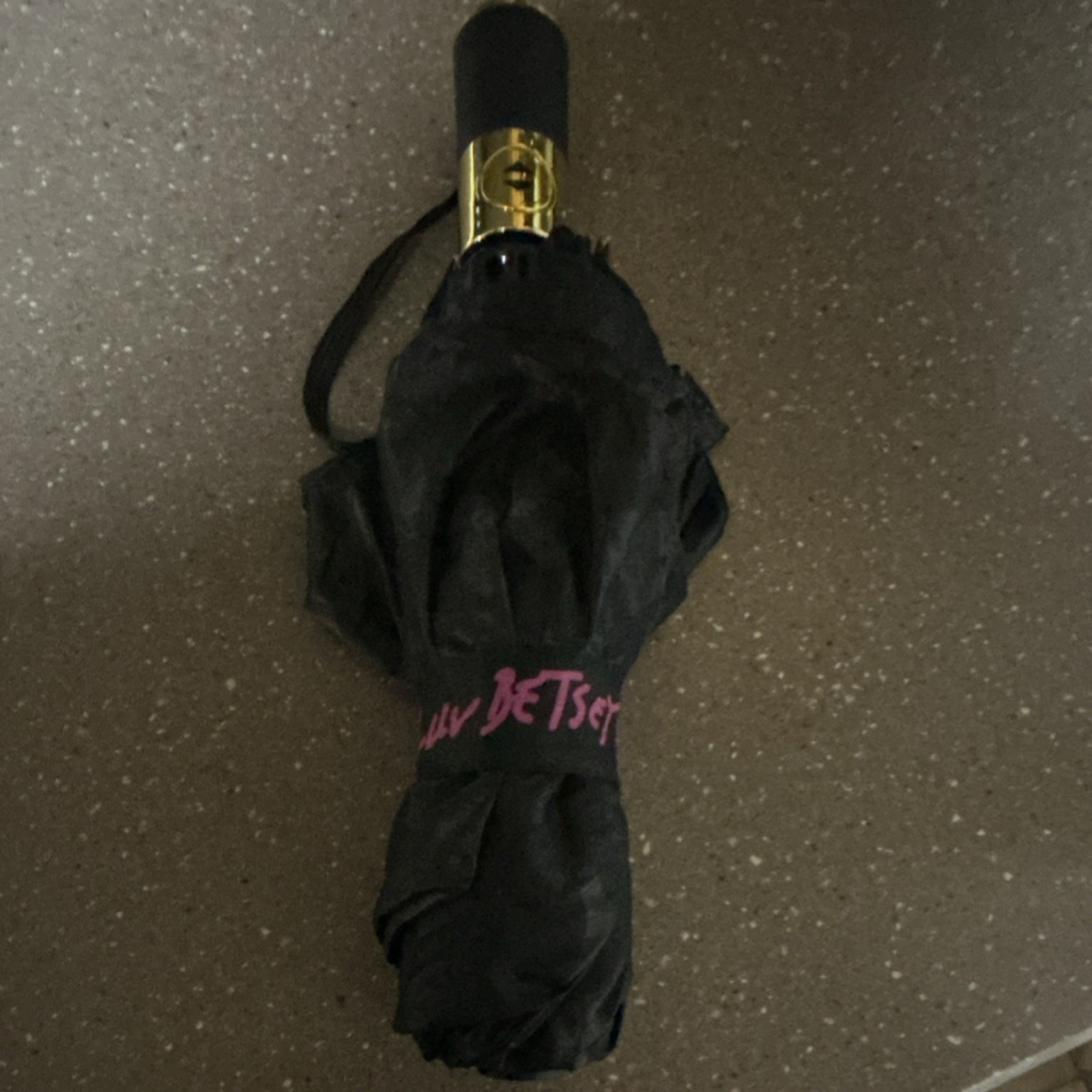 Betsey Johnson Black Compact Folding Umbrella Kisses Lips Print Black