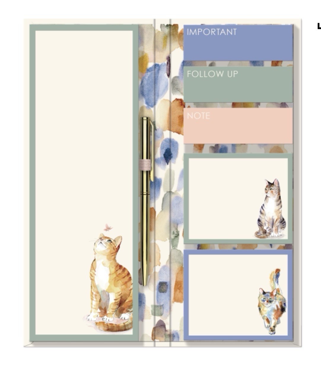 PUNCH STUDIO CAT Watercolor Note-Folio Organizer Sticky Notes Pen NEW