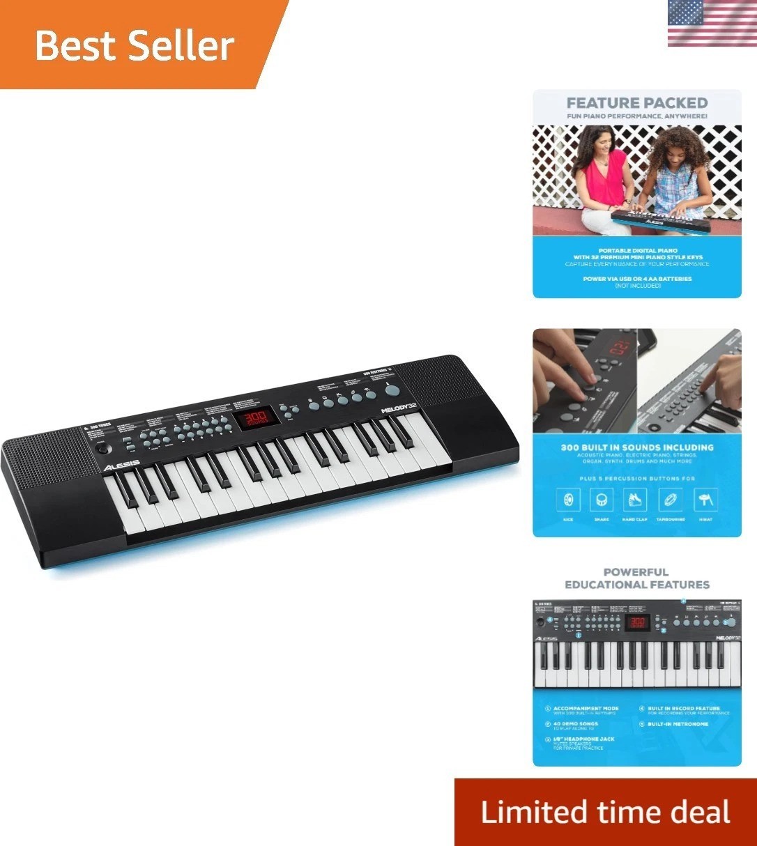 Feature-Rich 32-Key Electric Keyboard with USB-MIDI Connectivity & 40 Demo Songs