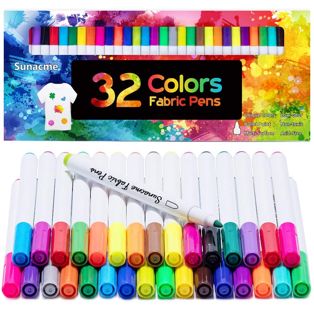 sunacme Fabric Markers Pen, 32 Colors 1 Count (Pack of 32), Multicolor