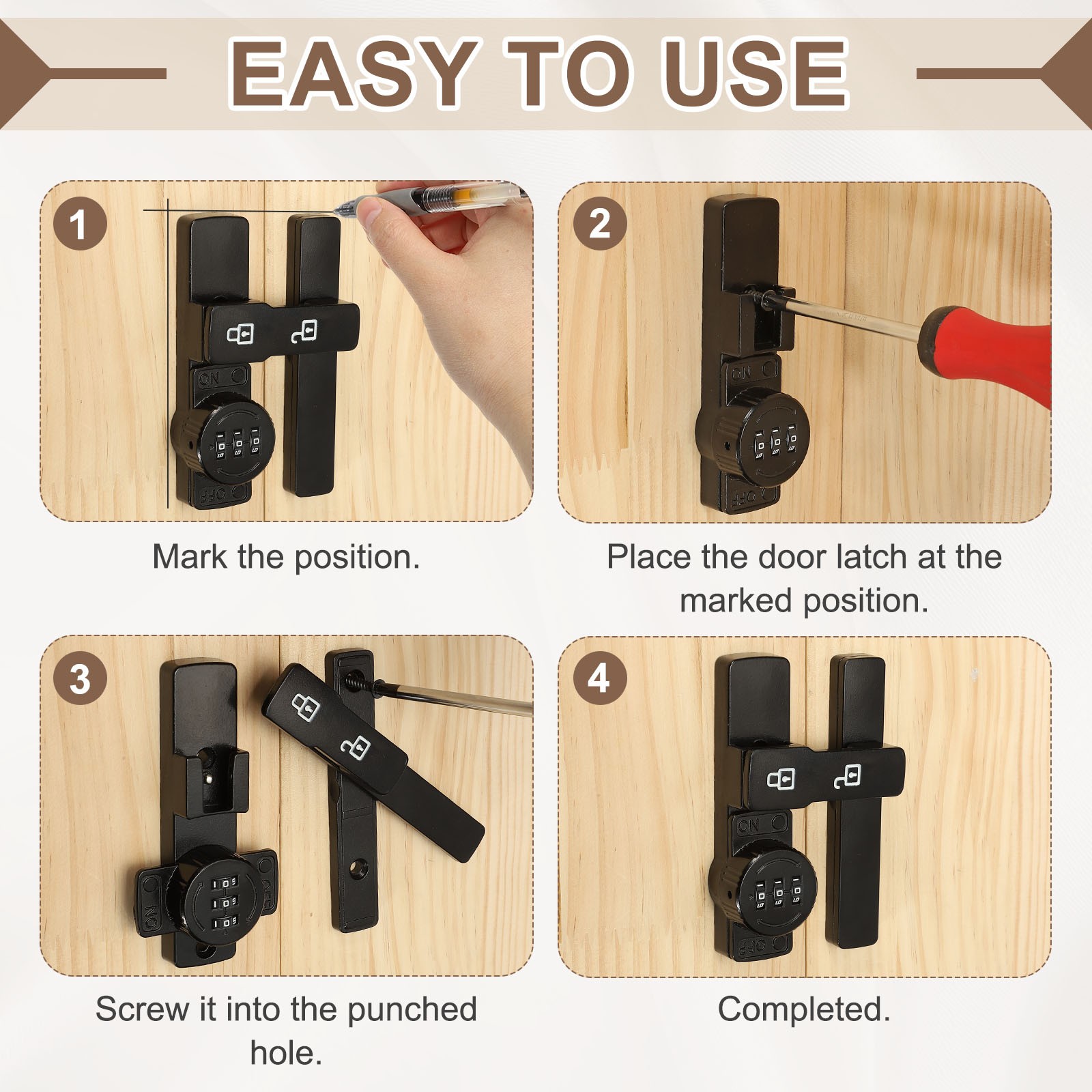 180° Sliding Lock with 3 Digit Code for Barn Door, Copper Color
