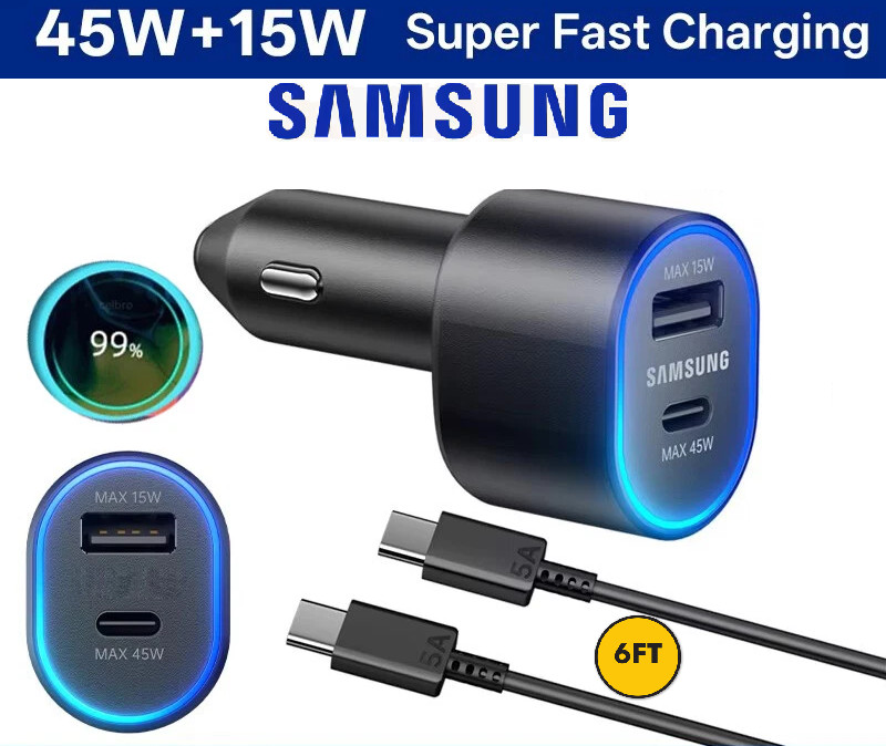 Samsung 45W L5300 Fast Car Charger + 6ft USB-C to USB-C Cable OEM Bundle