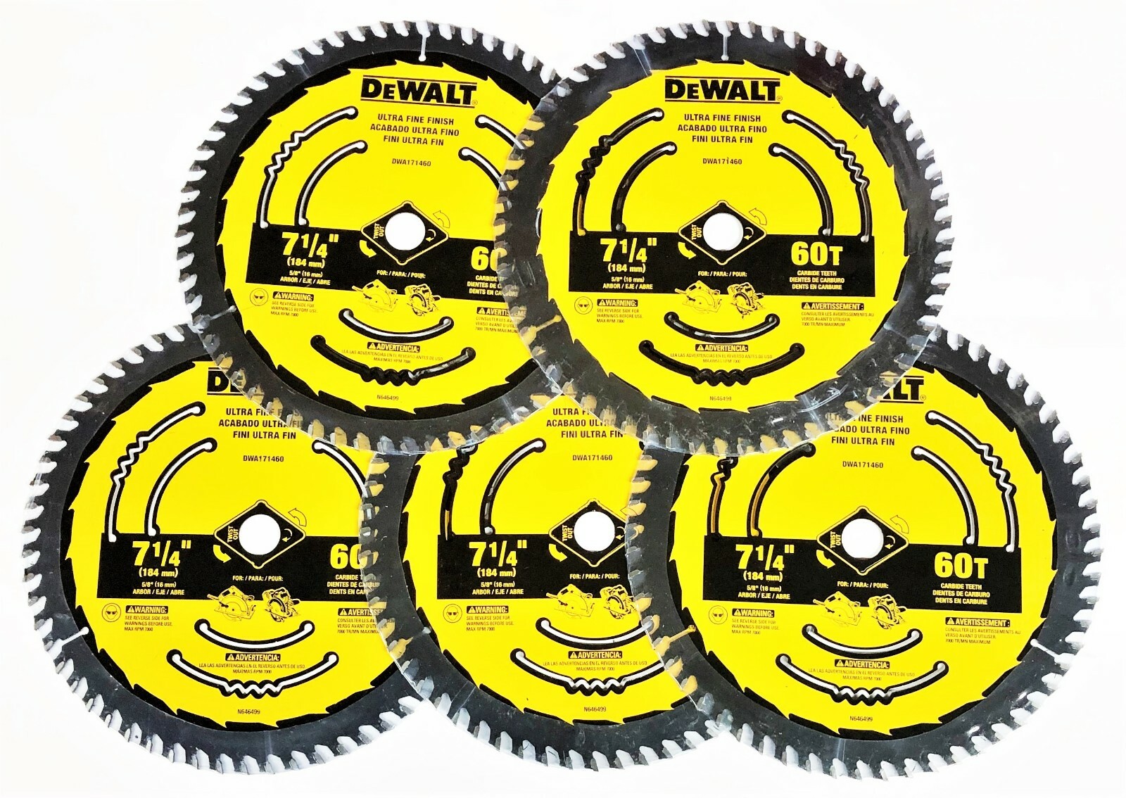 5 DEWALT 7-1/4 CARBIDE TIPPED CIRCULAR SAW FINISH BLADES 60T 60 TOOTH DWA171460