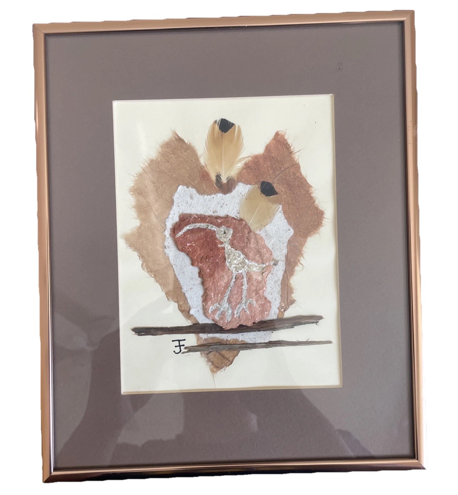 Joy Foster Collage with Long Bulled Bird Native American Rice Paper Framed Art