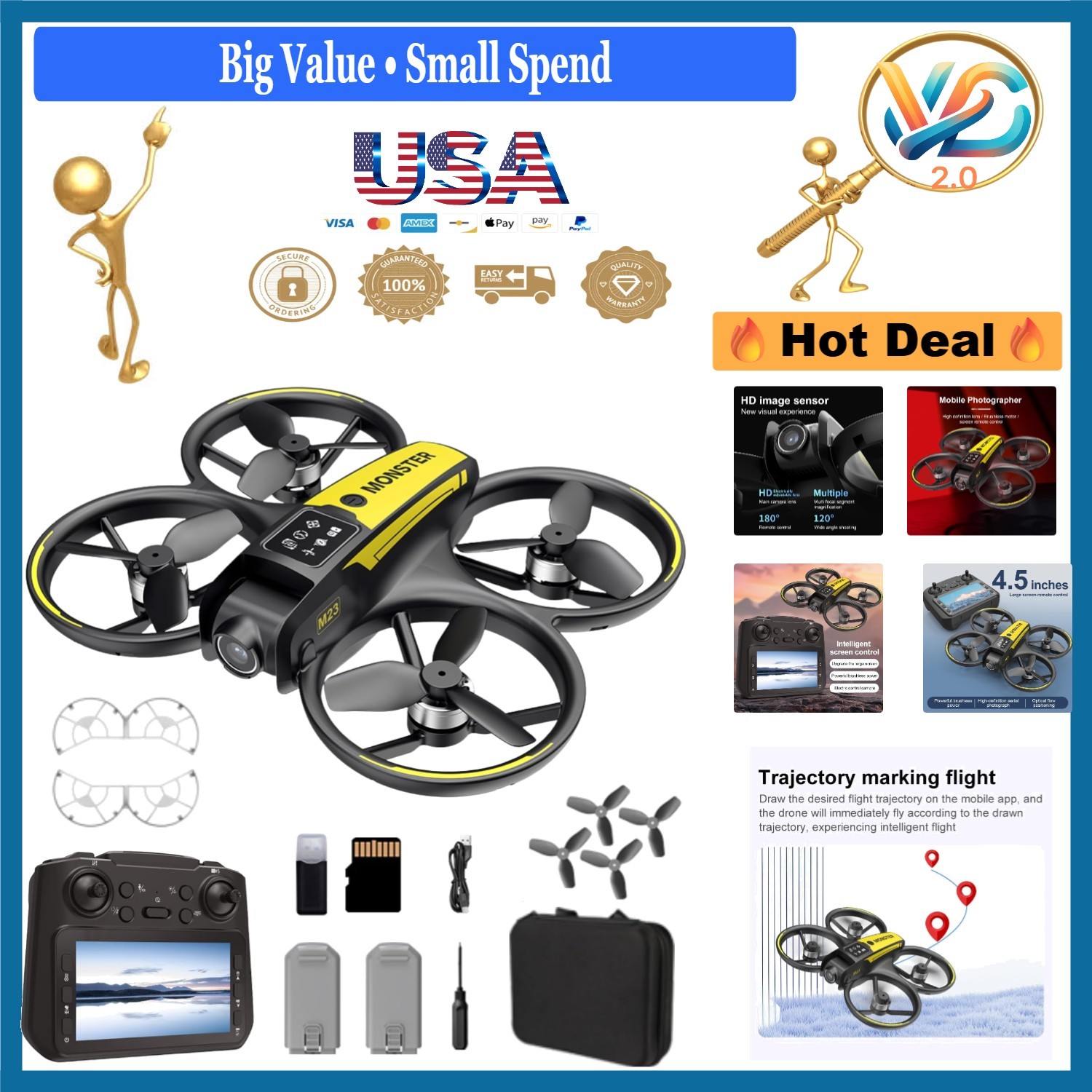 Lightweight Drone with HD Camera 4.5" Screen 2 Batteries Beginner Black
