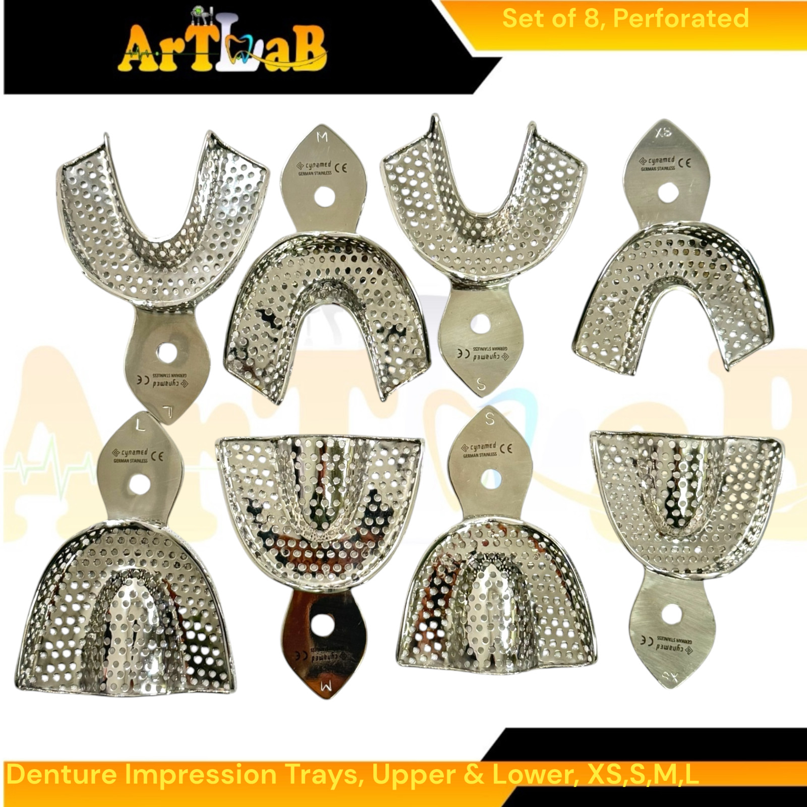Lower and Upper Denture Impression Trays with Holes, XS,S,M,L, Pack of 8pcs