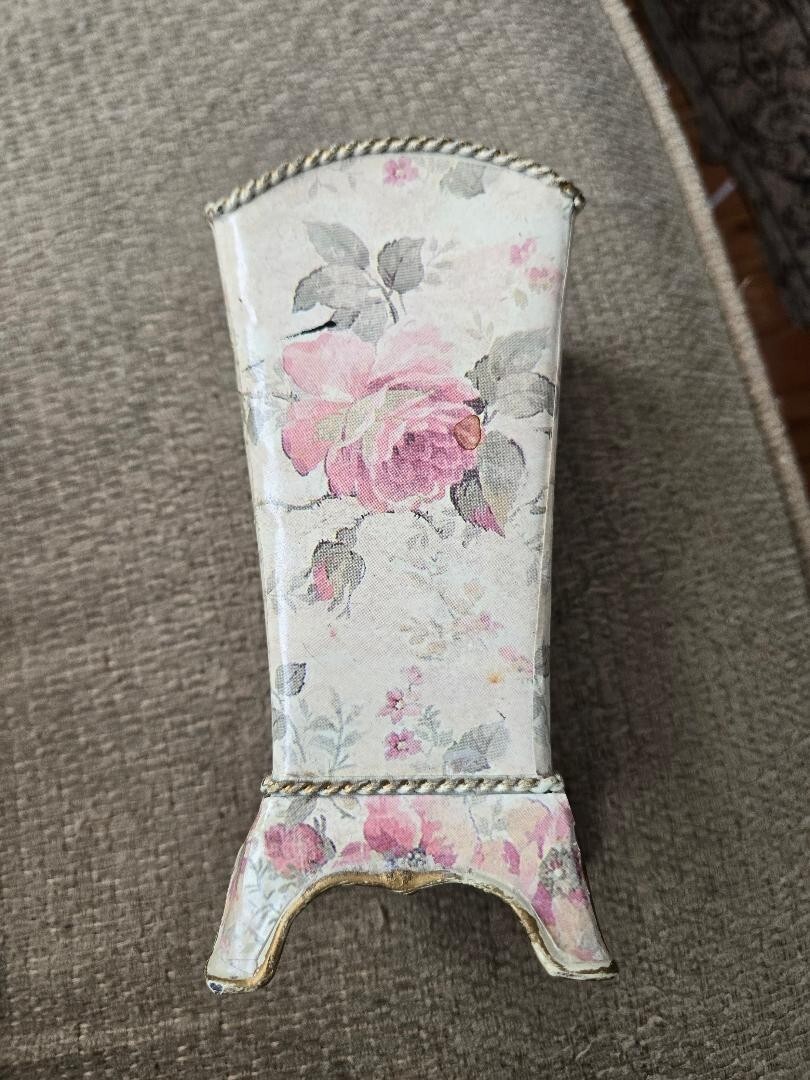 Metal Tin Flared Footed Flower Vase Container Floral Pink White Roses 6"