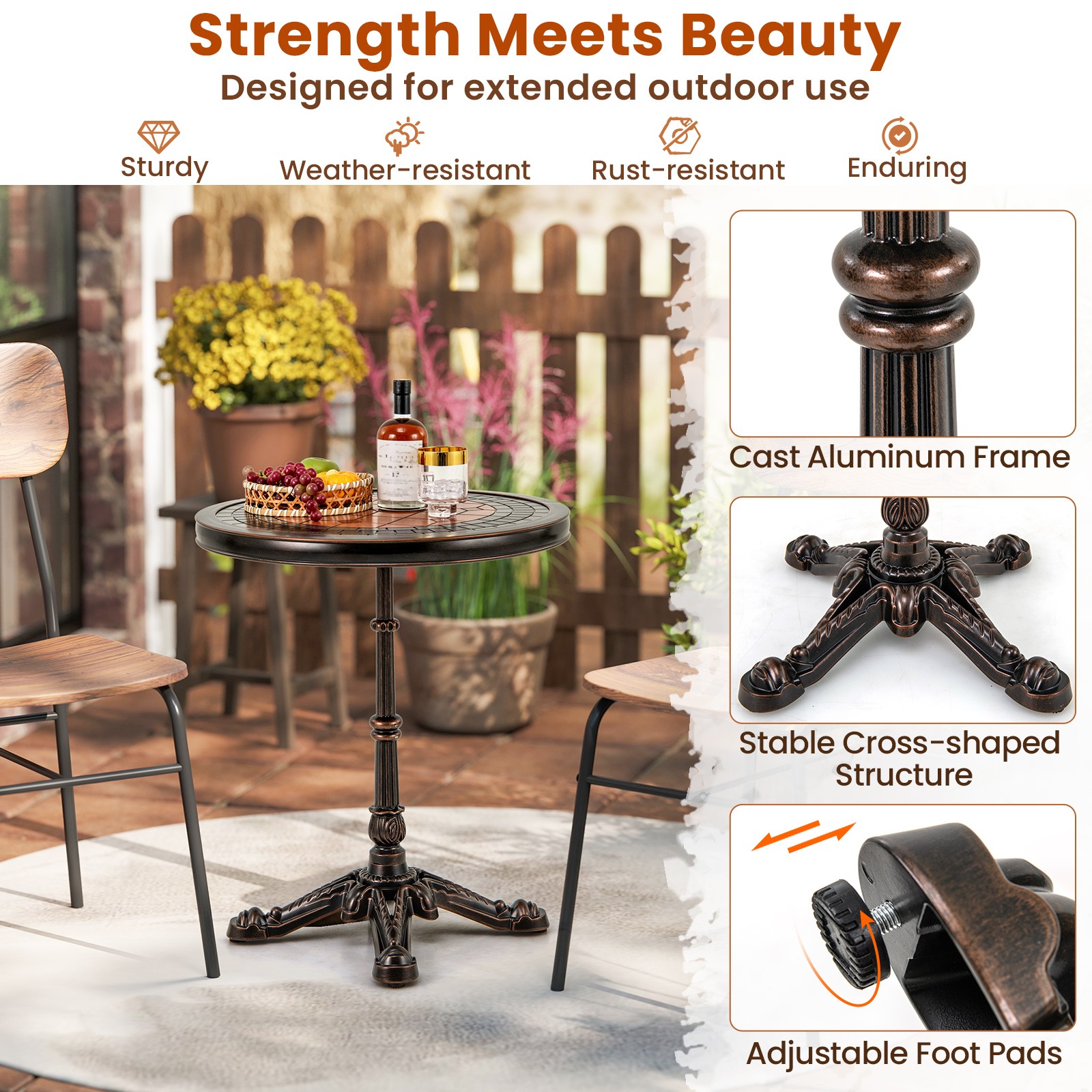 32" Patio Dining Table w/ 1.6" Umbrella Hole & Lid DPC Tabletop for Backyard