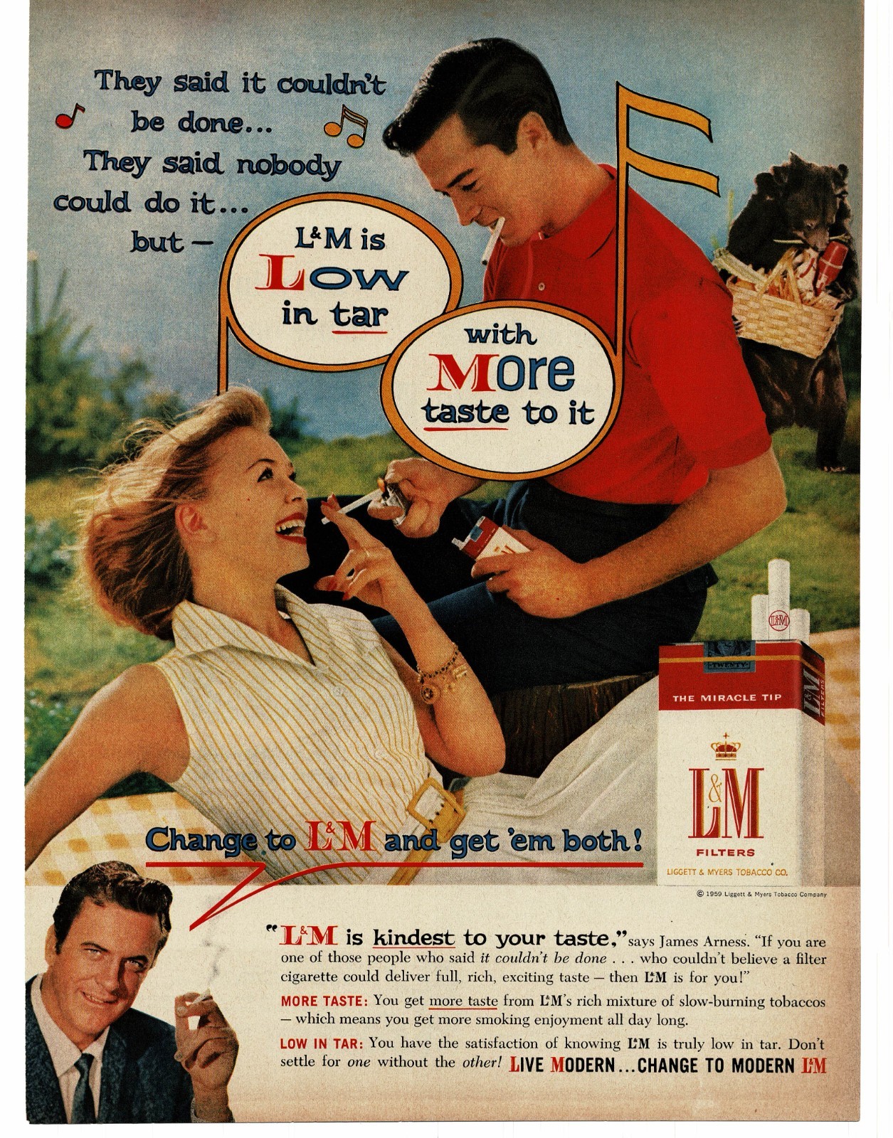 1959 L&M Cigarettes man woman at picnic James Arness Matt Dillon Print Ad