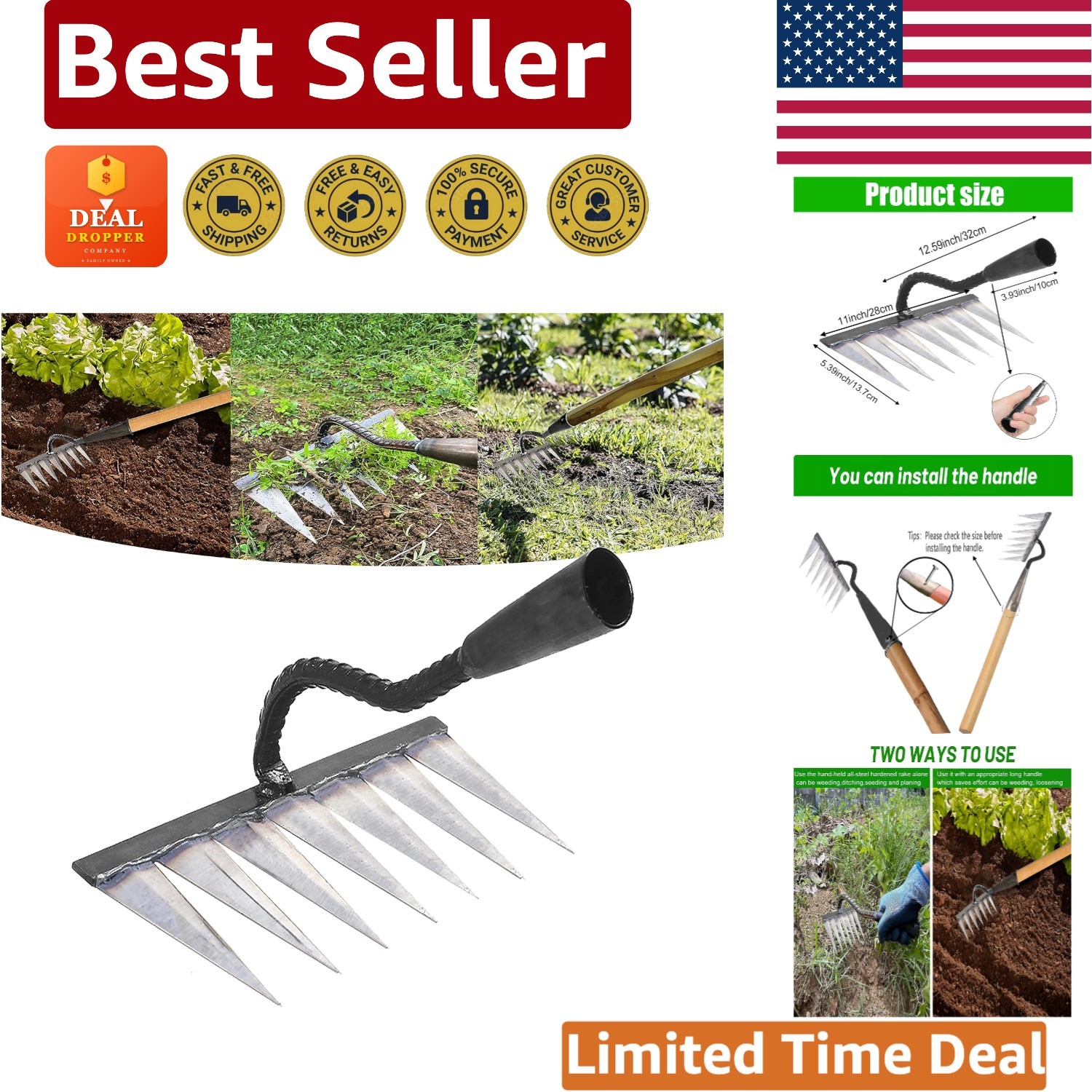 Heavy-Duty Garden Rake with 7 Steel Tines - Perfect for Weeding & Planting