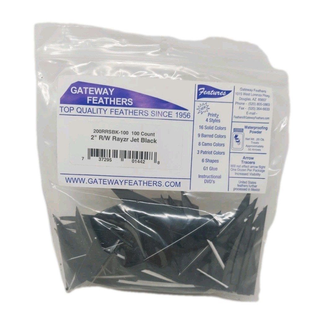 100 Pack Gateway Feathers 2" Right Wing: Rayzr Jet Black 200RRSBK-100