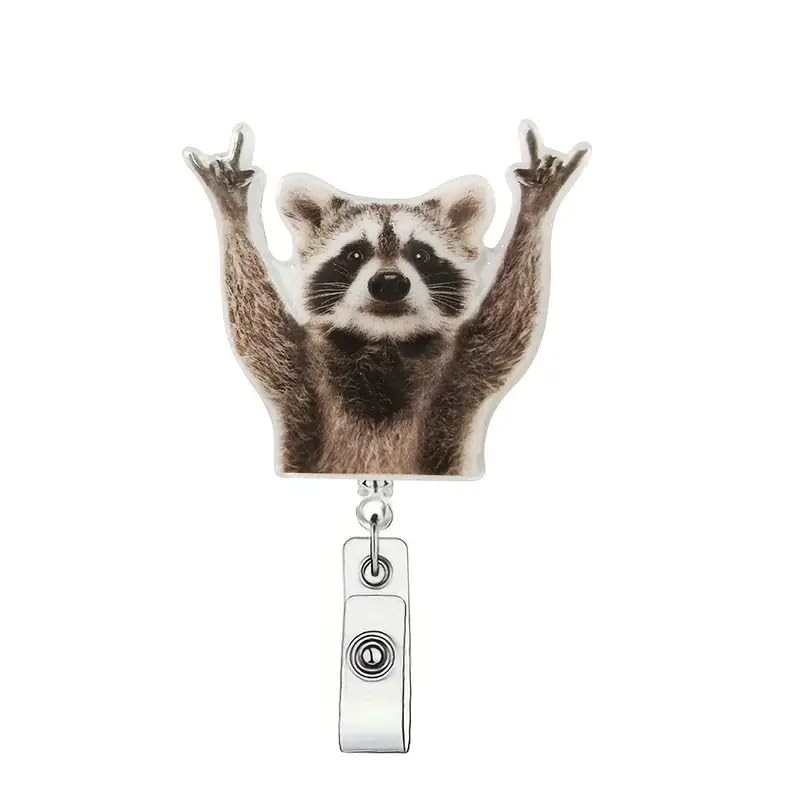 Funny Raccoon Badge Reel Retractable Acrylic Alligator Clip Style 08