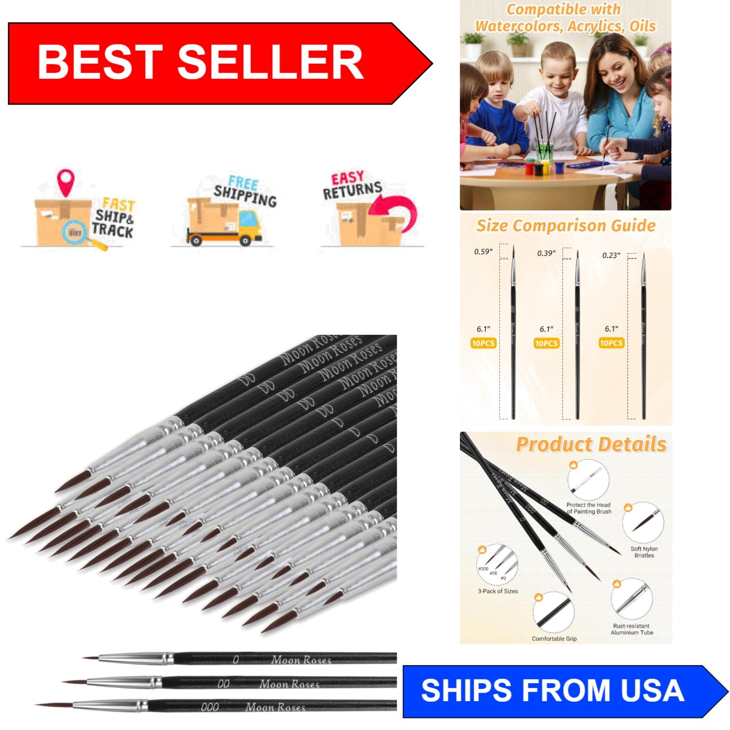 30-Pcs Miniature Detail Paint Brush Set, Precision Sizes 0, 00, 000 for Artists