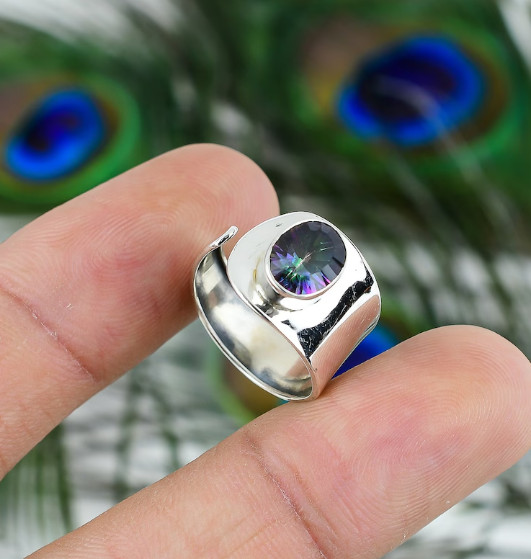Solid 925 Silver Mystic Topaz Ring Handmade Adjustable Band Ring All Size SR583