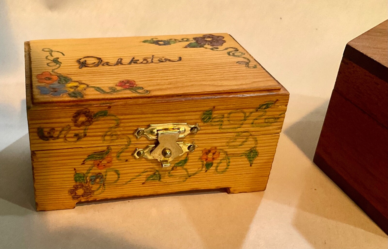 2 small, wood, hinged trinket boxes , 1 hand painted