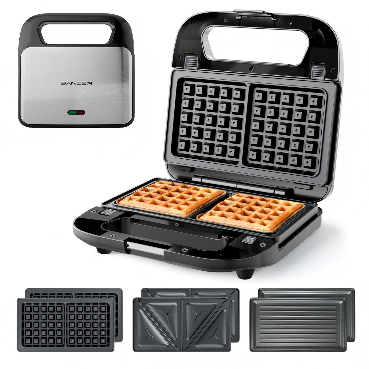 KEINVE 3-in-1 Sandwich Maker Waffle Maker Panini Press Grill 800W Black