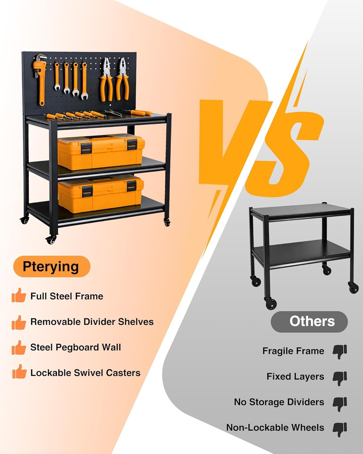 52" Rolling Work Table, Adjustable Height Workbench with Lockable Wheels, Pegboa