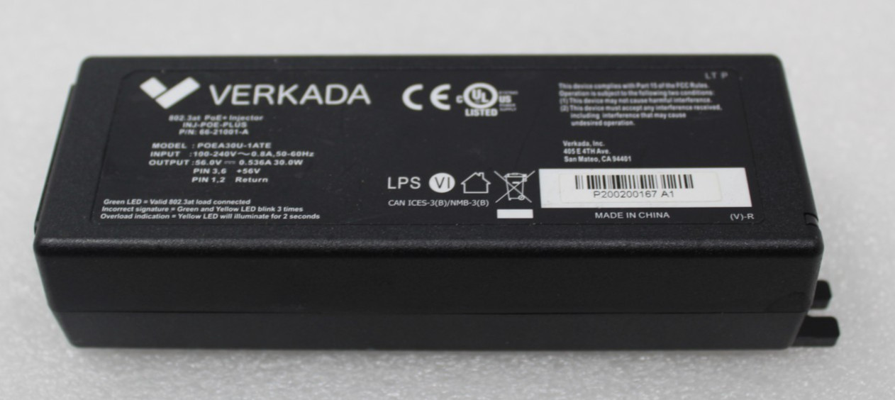 VERKADA 802.3AT POE+ Injector POEA30U-1ATE Port Power Over Ethernet 66-21001-A