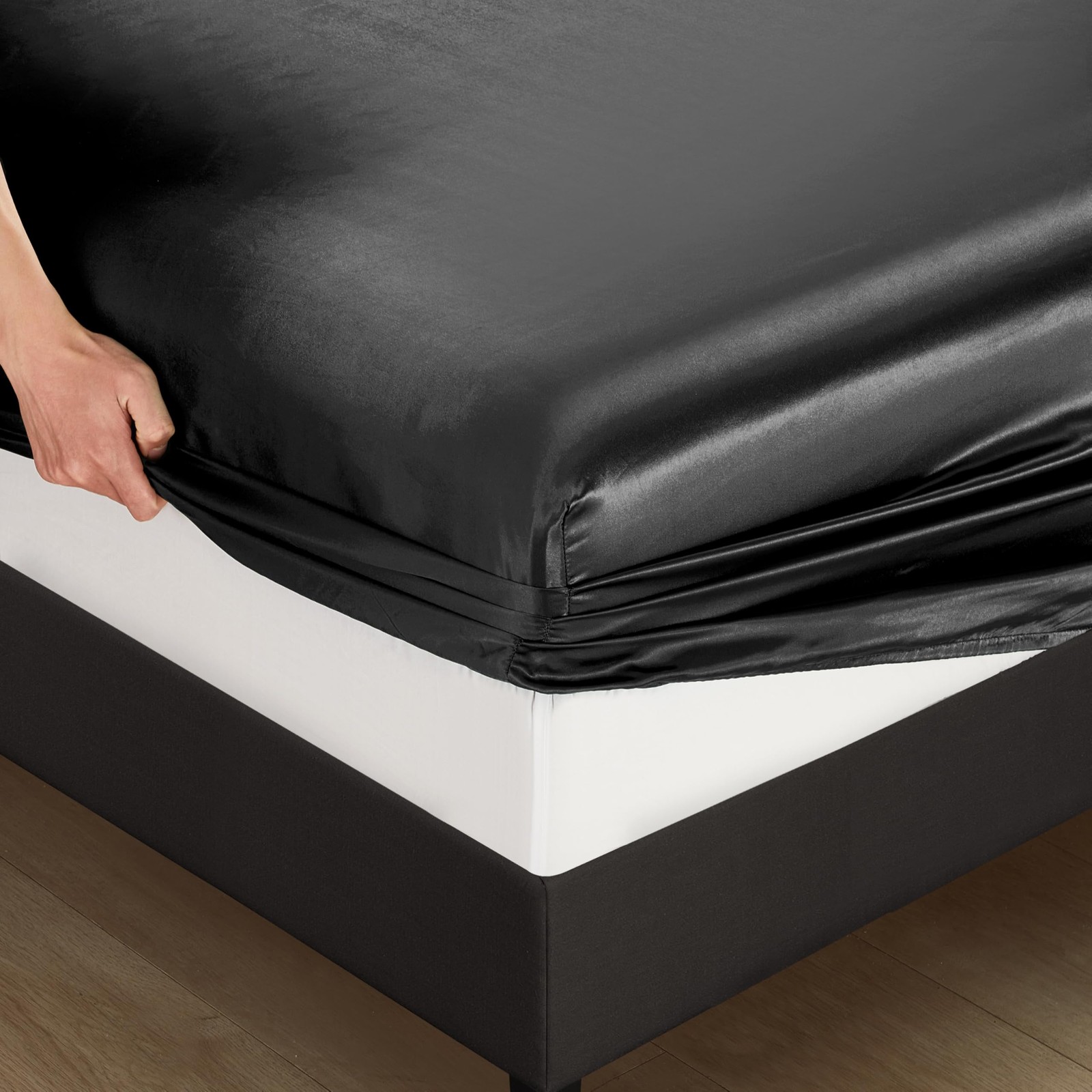 Black Silk Satin King Size Fitted Sheet Only Deep Pocket Fully Elasticized