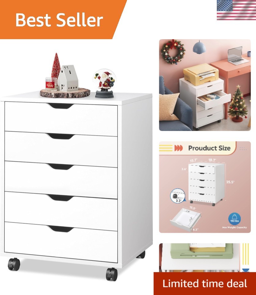 Durable 5 Drawer White Storage Cabinet on Wheels for Office & Home Organization