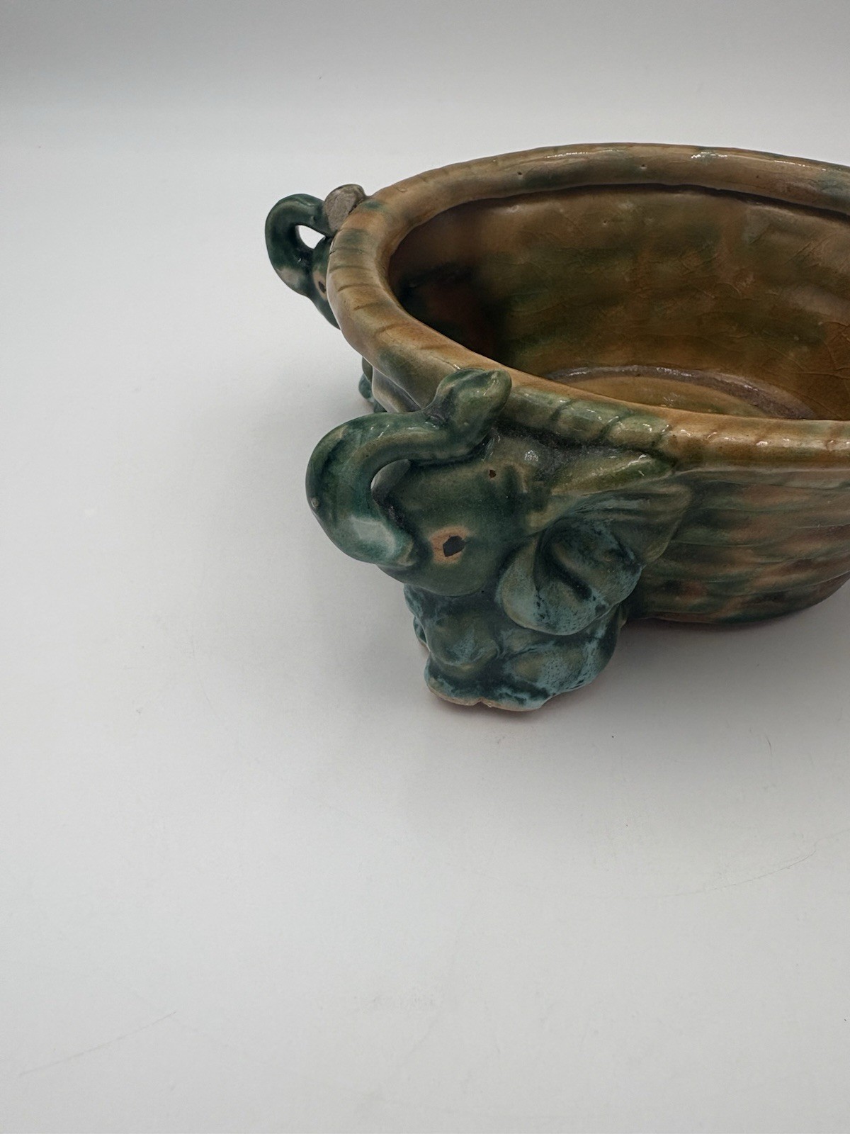 Majolica Style Ceramic Trunks Up Elephant Planter
