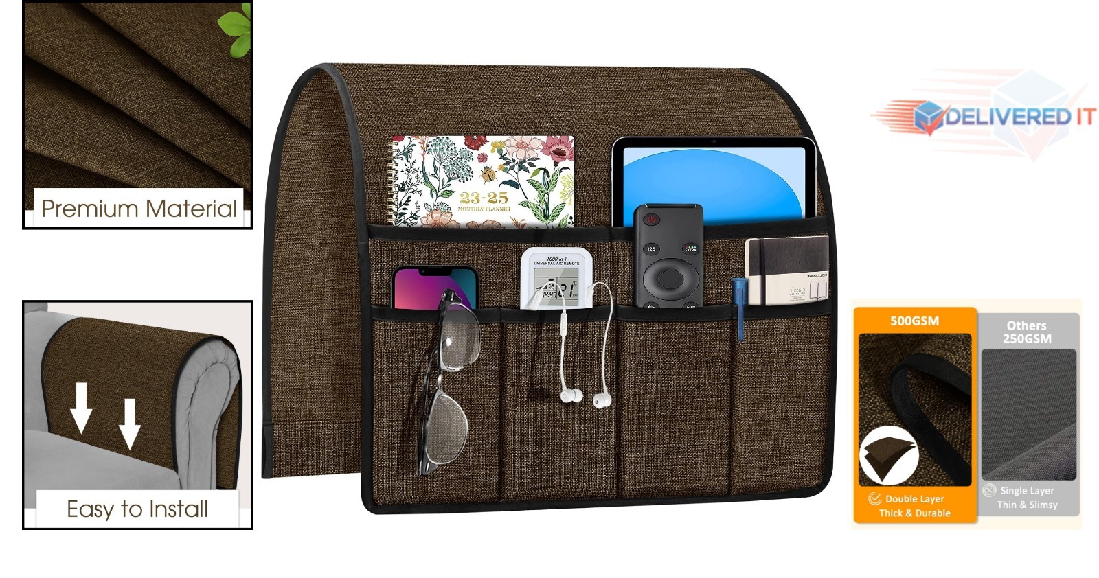 Adjustable Linen Armchair Caddy in Chocolate: Functional Sofa Storage Solution