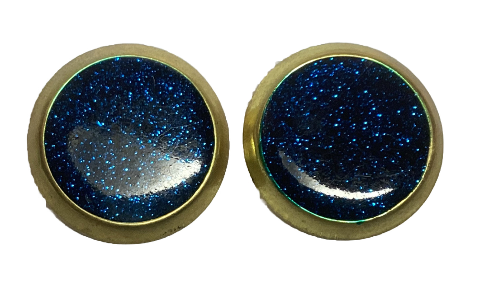 VINTAGE PAIR OF BLUE SPARKLE GLITTERY CLIP-ON EARRINGS GOLDTONE ROUND SHAPE