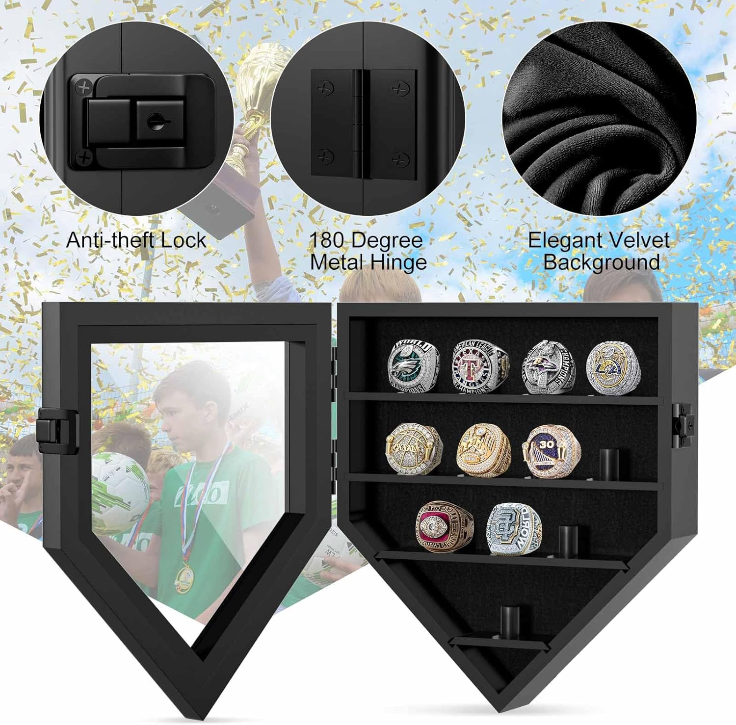 Championship Ring Display Case, 12 Posts Baseball Ring Holder, Lockable Wall Mou