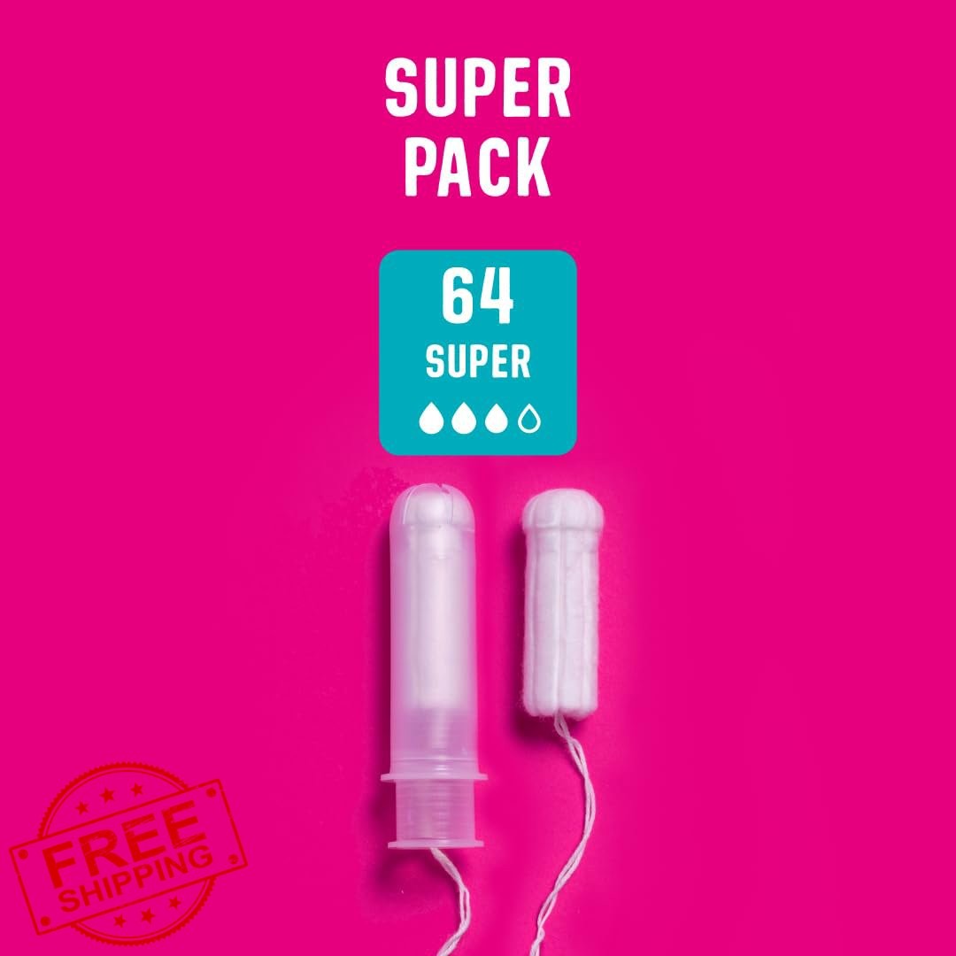 Flo Organic Cotton Tampons Super 64 Pack Bio-Plastic Applicator