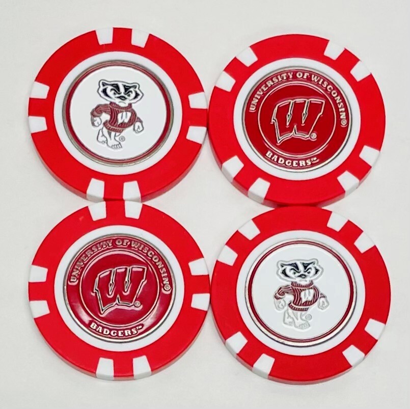 Wisconsin Badgers Golf Poker Chips w/ Removable Magnetic Ball Marker (4pk)
