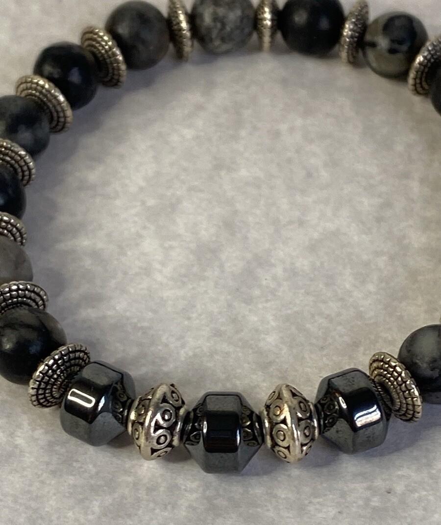 Hematite matte agate silver beaded bracelet unisex