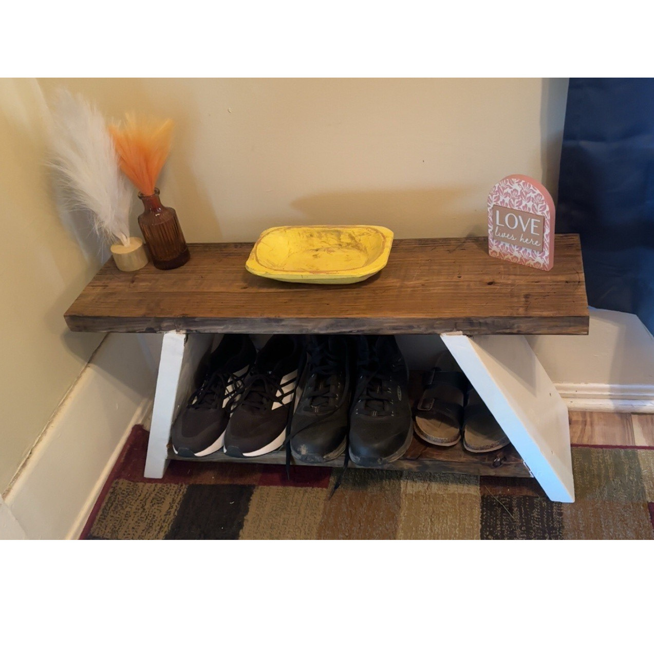 Handmade Rustic Wood Bench w/ Shelf, Brown & White, Medium Wood Tone 34x14x18 in