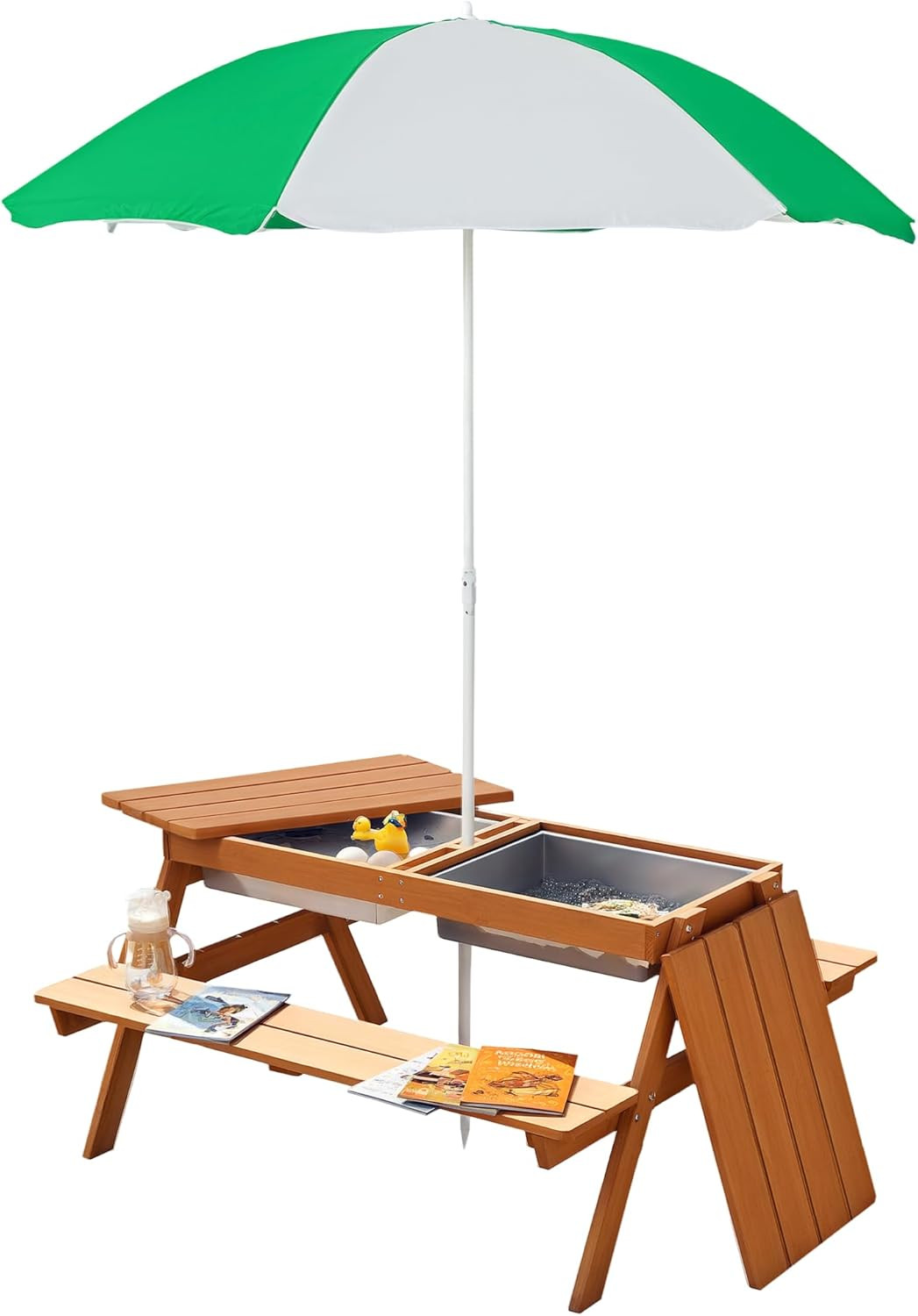 Kids 3 in 1 Sand and Water Table, Wooden Outdoor Convertible Picnic Table with U