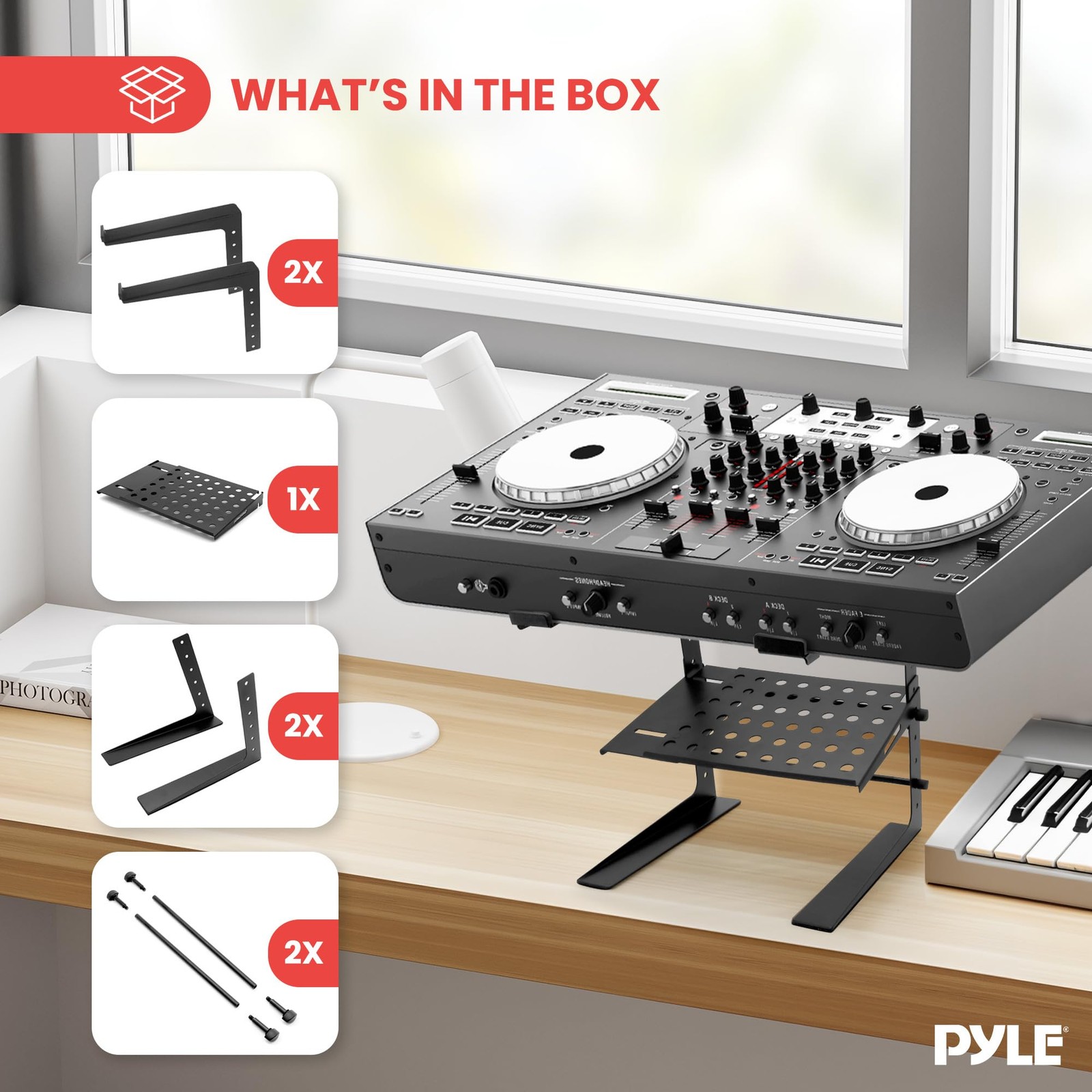 Pyle DJ Laptop Stand with Storage Shelf, Portable Adjustable Computer Black