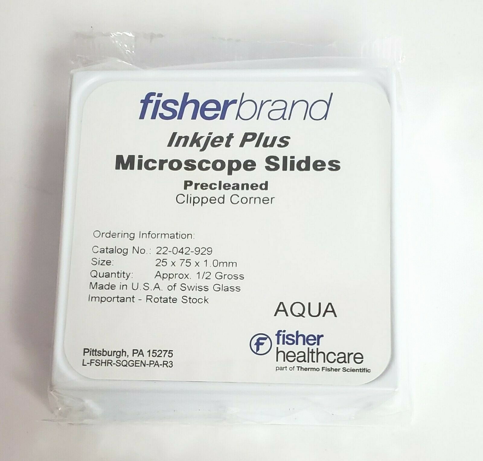 FISHERBRAND AQUA, MICROSCOPE SLIDES- PRECLEANED CLIPPED CORNERS-1BOX